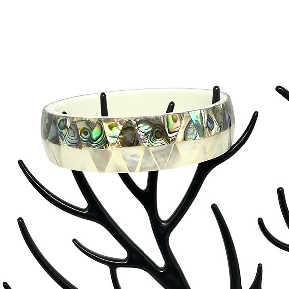 Handcrafted Coral & Abalone Shell Bangle Bracelet - Picture 2 of 4